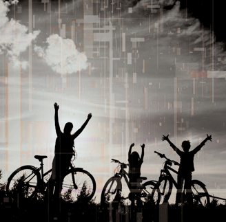 a group of people standing around a bicycle