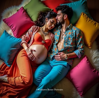 a pregnant woman and man laying on a bed