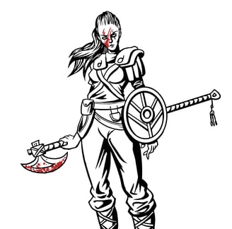 Black and white illustration, female warrior, Viking shield maiden, axe, battle ready