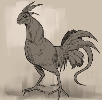 Creature concept art, rooster with snake head, fantasy illustration, digital drawing