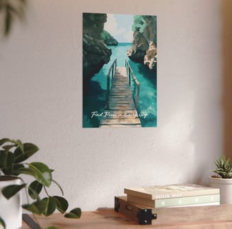 a pastel watercolor travel poster of a wooden pier
