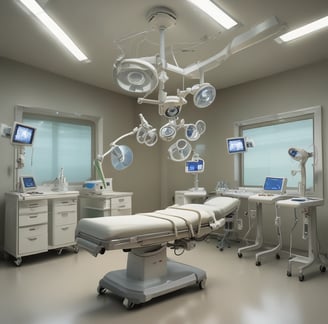 An assortment of medical equipment including monitors, dials, and gauges is present, possibly used for anesthesia or patient monitoring in a healthcare setting. There are various knobs and labels indicating settings for oxygen and nitrous oxide management. A tray contains a packaged medical device labeled 'Hand Piece.'