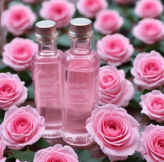 Multiple bottles of fragrance oil are neatly arranged on wooden shelves. The bottles vary in size and have labels with text both in English and another language. The lighting is warm, highlighting the sleek, dark-colored containers.