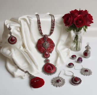 a vase with flowers and jewelry on a white cloth