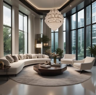 An ornate room with luxurious vintage furniture, intricate molding on the walls, and classical sculptures. The color palette includes soft whites, golds, and browns with elegant chandeliers contributing to the space. Large windows with flowing curtains allow natural light to enter, enhancing the opulence of the room. Decorative wall-mounted lights, a round table with vases, and a plush rug complete the rich interior decor.