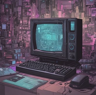 A tabletop scene featuring an open laptop computer, a black vintage-style camera, printed photographs, and a cup of coffee. The photographs show a ferris wheel against a blue sky. The setting conveys a mix of technology, photography, and relaxation.