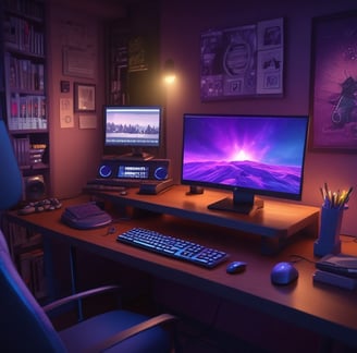 A laptop displays an open software program, likely a video editing or motion graphics application, showing multiple layers and a timeline with a preview of a logo in the center of the screen. The environment is dimly lit, highlighting the screen's glow.