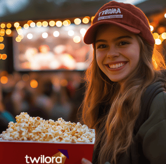 a woman holding a box of popcorn at a movie theater