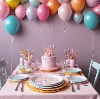 A festive birthday setup with pink and pastel decorations. Balloons are seen in the background alongside a pink 'Happy Birthday' banner on the wall. A table is adorned with various elements, including a tiered cupcake stand, a cake under a glass dome, plates, cups with yellow straws, and a party hat. Floral arrangements add a touch of elegance to the decor.