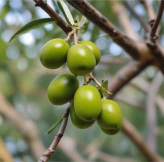 Several cans of extra virgin olive oil are displayed alongside various food items, including jars, canned goods, and green leafy plants. The olive oil cans are prominently placed in the center and are labeled 'Lindsay Naturals' and 'La Tourangelle' with colorful and vibrant labels.