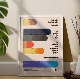 Quadro decorativo com moldura branca, impressão em vinil e arte personalizada inspirada na bauhaus