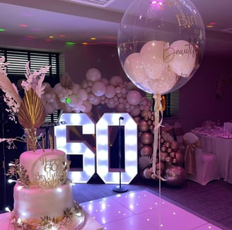 Large light up numbers, balloon garland, bubble balloon - party setup