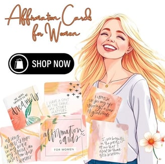 a woman with a flower in her hand, and a card with a message about