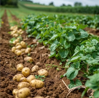 New crop of potatoes in the furrow - Peter Pickering's farming days