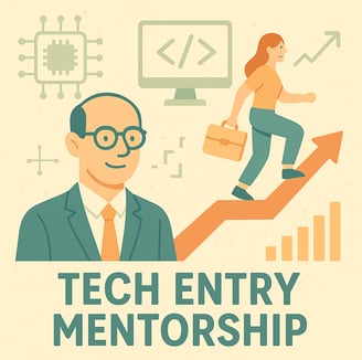 Mentor guiding a young woman upward, symbolizing tech entry mentorship