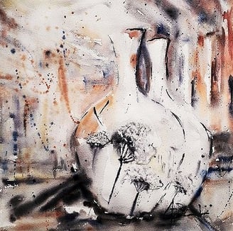 Aquarelle symbolique 2 vases Blancs avec fleurs dans un écrin coloré  