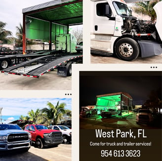 Collage of general view of Truck & Trailer Services Corp location, trailers, semi truck and pickups