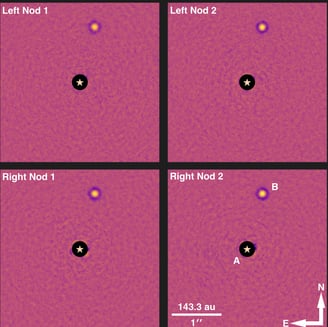 4-panel figure showing a directly imaged brown dwarf companion as observed by the Large Binocular Telescope.