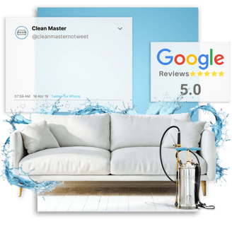 sofá impermeabilizado cercado de água ao lado de equipamento profissional e selo de 5 estrelas do google