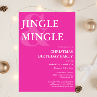 Minimalist Girly Pink Jingle & Mingle Modern Christmas Birthday Party Invitation