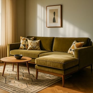 Sunlit Mid-Century living room with mustard sofa chaise, walnut furniture, geometric pillows, abstract art, and large windows