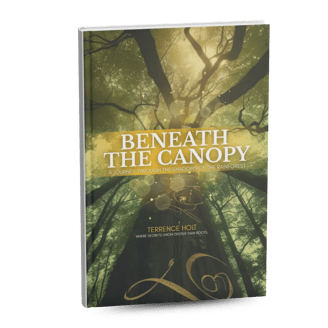 Book cover titled "Beneath the Canopy" featuring sunlit trees and vines, exploring rainforest secrets by Terrence Holt.