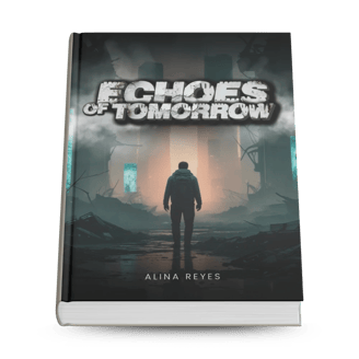 "Book titled 'Echoes of Tomorrow' by Alina Reyes, featuring a lone figure in a dystopian landscape with ruined structures."