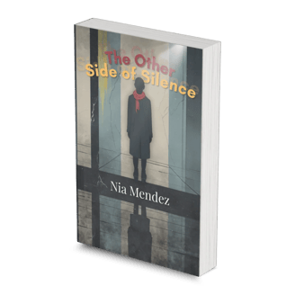 Book cover of "The Other Side of Silence" by Nia Mendez features a figure in a coat and red scarf against a muted background.