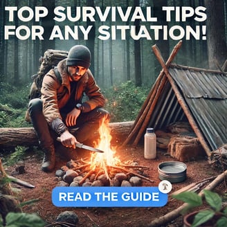 Person building a survival shelter in a dense forest with a campfire and survival kit