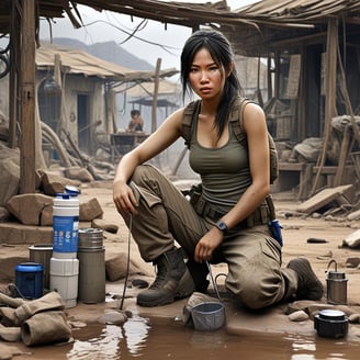 an asian woman filtering dirty water through a homemade water filter