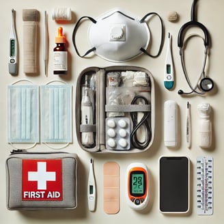 Emergency preparedness items neatly arranged.