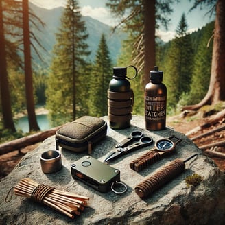 Minimalist survival gear displayed on a rock in a forest setting, including a multi-tool, fire starter, water filter, matches