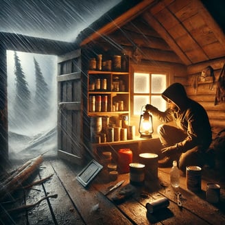 A rustic shelter illuminated by lantern light, with a person organizing survival supplies like canned food and tools