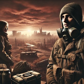 A resilient survivor in a post-apocalyptic landscape, wearing survival gear with a gas mask
