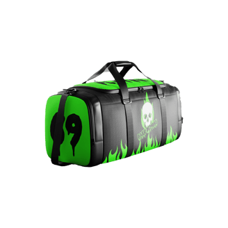 a green duffel bag with a skull and skull head