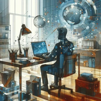 The image depicts a digital artwork of a person sitting at a desk in front of a computer. 