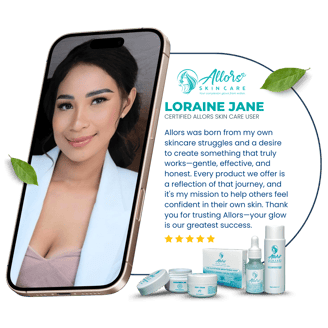Smartphone showing Loraine Jane, a certified Allors Skincare user, with products and leafy accents beside her.