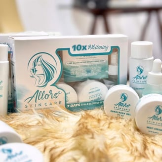Allors Skin Care products displayed, featuring a whitening set and various creams, emphasizing brightening and hydration