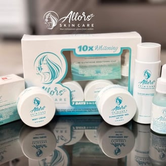 Allors Skin Care 10x Whitening kit featuring soaps, night cream, sunscreen gel, and brightening serum, promoting radiant skin