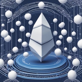 Symbols of Ethereumand Bitcoin are depicted using small white spheres on a blue, tiered platform, creating a modern and digital aesthetic.