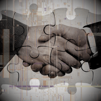 a puzzle piece of puzzle pieces with a handshake