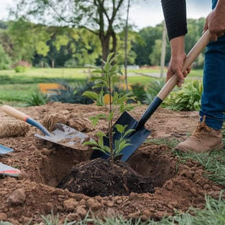 a man is holding a shovel and planting a tree