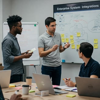a group of people standing around a table going out the system integration steps