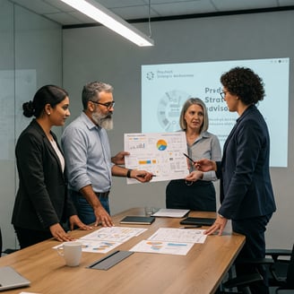 a group of people standing around a table using 312 Stategic Advisory expertise