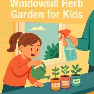 A bright, cozy digital illustration of a child standing at a sunny windowsill, watering a small herb