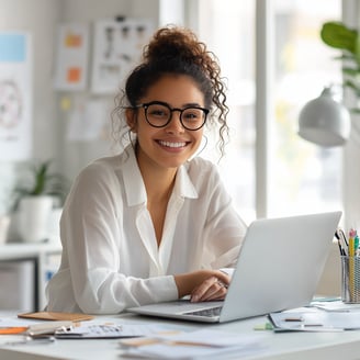 Emprendedora joven sonriente trabajando en laptop, representa productividad y liderazgo femenino en negocio digital en casa.