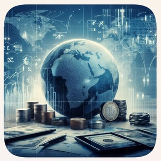 Global currencies, financial graphs, world map illustrating foreign exchange reserves' role & impact