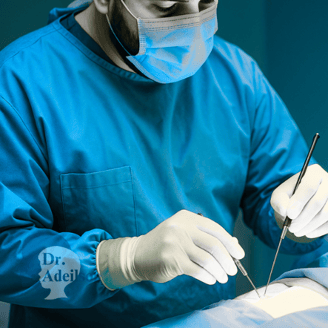 a man in a blue shirt and gloves is doing surgery