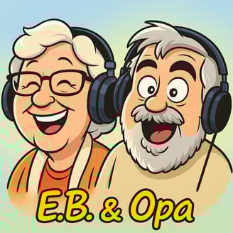 Cartoon caricatures of E.B. and Opa, principals of Reach One Media.