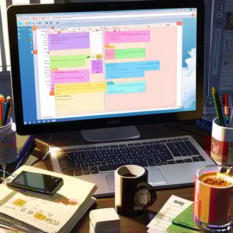 A computer screen showing a blog draft in progress on a table surrounded by books and drinks, creati